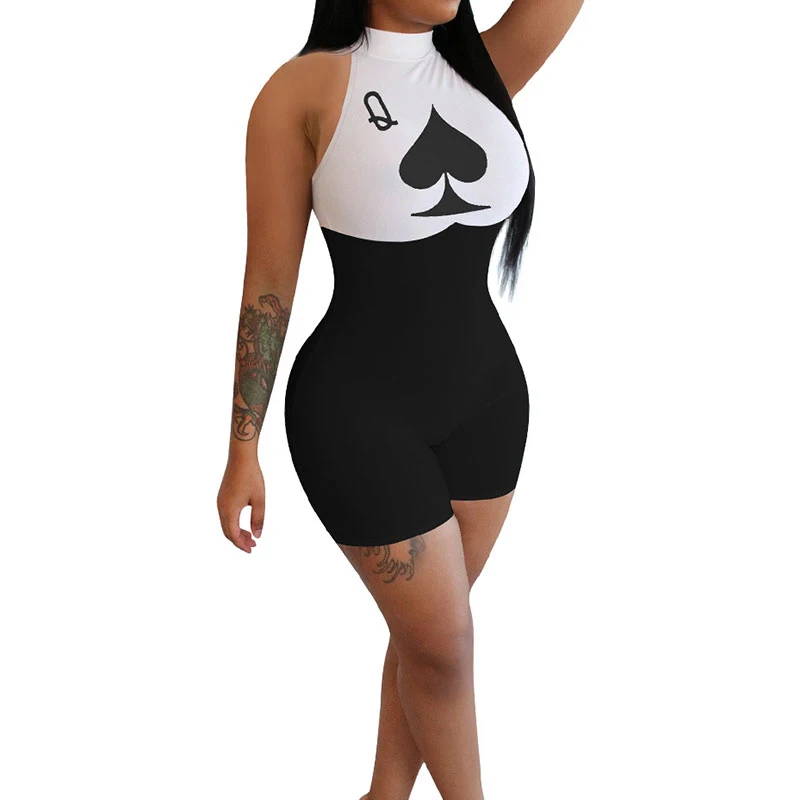 

Poker Q Printed Jumpsuits for Women elegent Sexy dress fashion Sleeveless Skinny Rompers Club Wear Summer Woman party