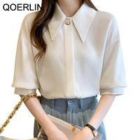 qoerlin shirt women 2022 summer new single breasted button up blouse female white tops half sleeve blusa office woman clothing