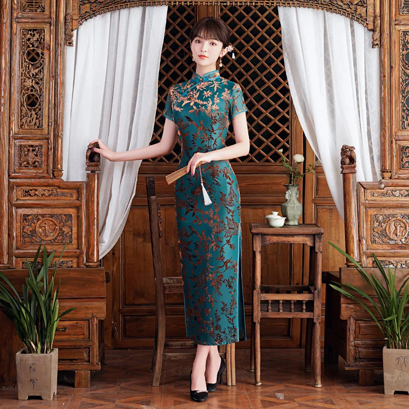 

Женское винтажное платье-Ципао на пуговицах, элегантное облегающее платье знаменитости, классическое китайское платье с воротником-стойко...