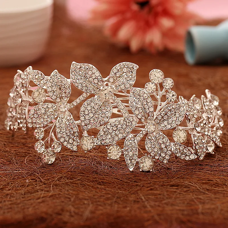 

Silver Plated Floral Flowers Bride Hair Accessories handmade crystal Bridal Starry Wedding Hair Comb Rhinestone Tiaras Crown