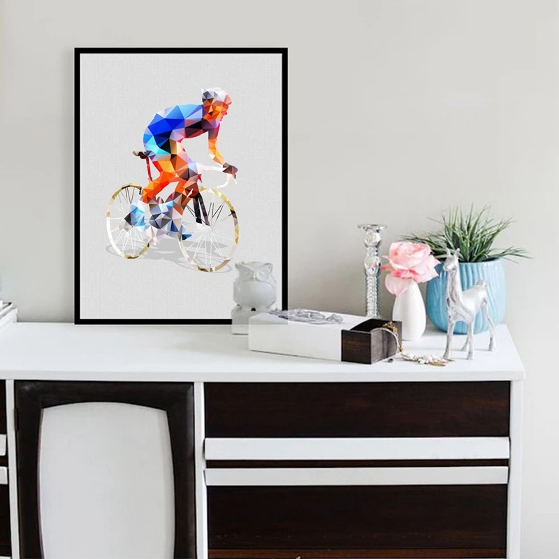

Abstract Geometrical Polygonal Cyclist Canvas Art Print Wall Pictures , Cycling Canvas Painting Poster Wall Decor