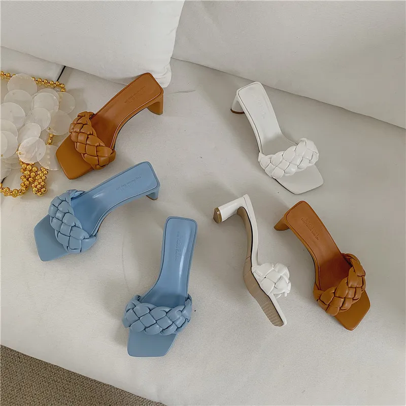 Summer Ladies Sandals And Slippers Braided Twist Word Thick Heel High Heels Open Toe Square Casual Women |