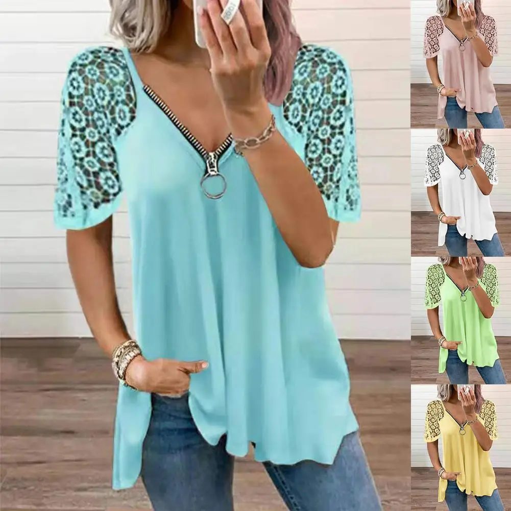 

Lace Stitching Short-sleeved Solids Color Loose T-shirt Pullover Streetwear Women's T-shirt Top Retro Casual Ladies Zipper R5F6