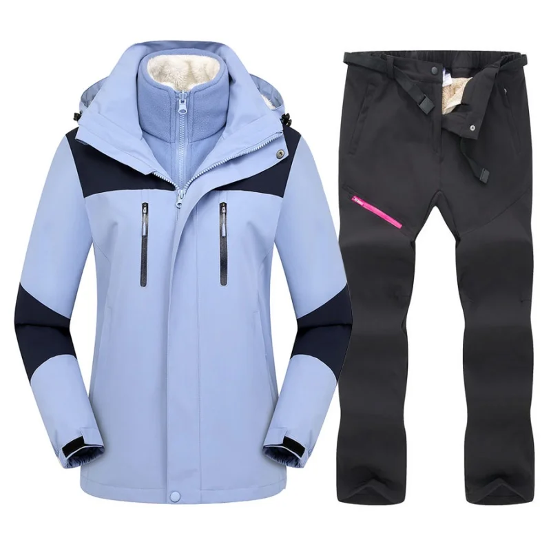 2021 Women Ski Suit Winter Warm Ski Hoodie Set Windproof Waterproof 3 in 1 Jackets and Pants Skiing Snowboard Suit Snow Costumes