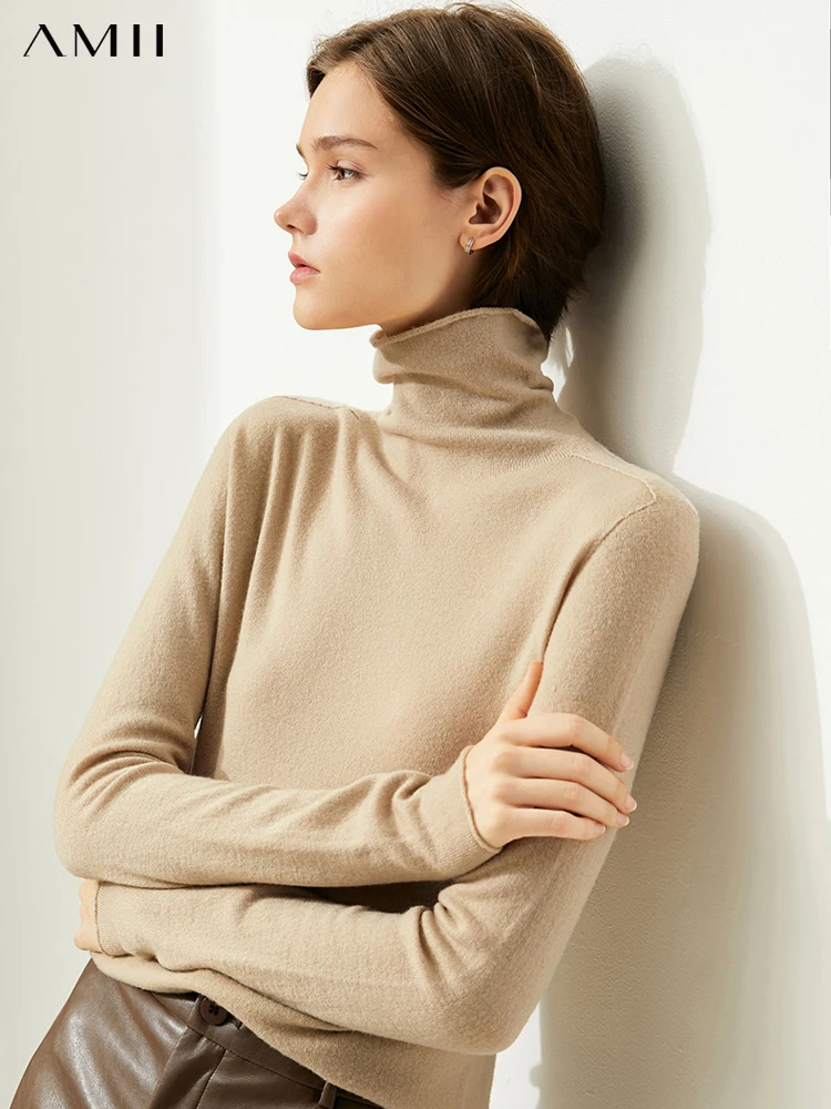 

Amii Minimalism Autumn Sweater For Women Elegant Turtleneck Pullovers Office Lady 100% Wool Knitted Tops Female Sweater 12141002