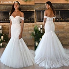 Женское свадебное платье с юбкой годе, элегантное платье с открытыми плечами и кружевной аппликацией, платье невесты на пуговицах