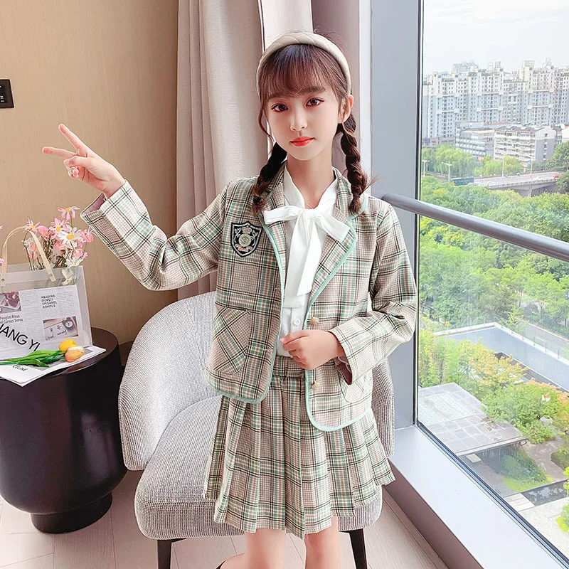 

Girls Plaid Suit Lapel Button Cardigan + Pleated Skirt School Uniform Jacket Bowknot White Shirt 3-piece Set Girls Fashion Sweet