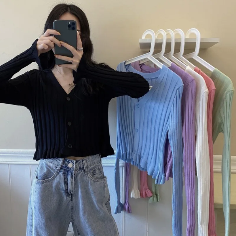 

Knitted V-neck Women Sweater Long Sleeve Crop Top Cardigans Fashion Brand Korean Clothes Ladies Casual Style Solid New 2021