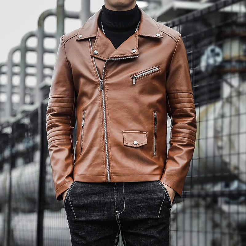 

2021 Men's Oblique Zipper Lapel Motorcycle Leather Coat Youth Fashion Autumn Zipper Decorations Casual Leather Clothing
