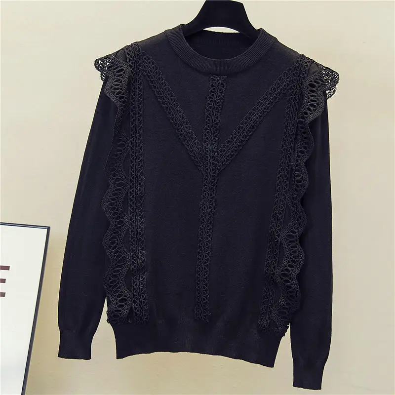 

Large Size Lace Sweater Female Spring And Autumn Fat MM Foreign Air Tops Loose Thin Obstruction In The Belly