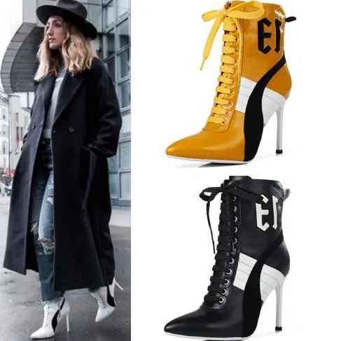 

Woman Ankle Pointed Toe Boots Stiletto High Heels Boots Lace-up Leather Fashion Catwalk Shoes Patchwork Design Zipper Boots