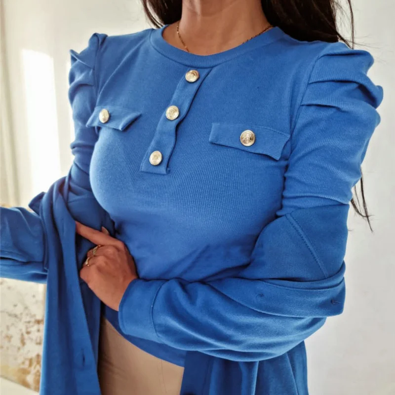 

New Solid Long Sleeve Autumn Tops for Women Knitted T-Shirts Top Buttons O-neck Office Lady Knitting Shirt Female Clothing G3194