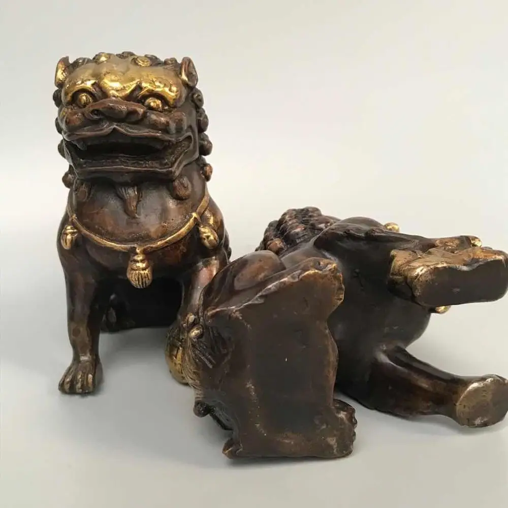 

Wedding Decoration 3" Tibet Buddhism Temple Old bronze Gilt Lion statue A pair Gatekeeper lion Ward off evil spirits