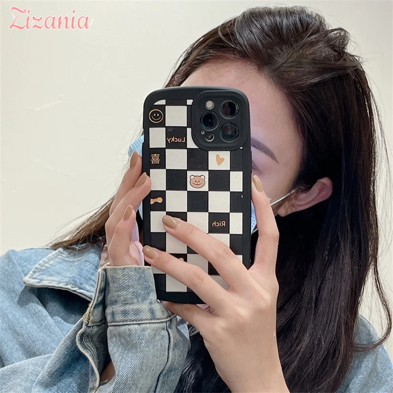 

Simple Fashion Lovely Black Checkered Smiley Soft Phone Case For iPhone 13 12 11 Pro XS Max X XR 7 8 Plus Cover Girl Gift Cute