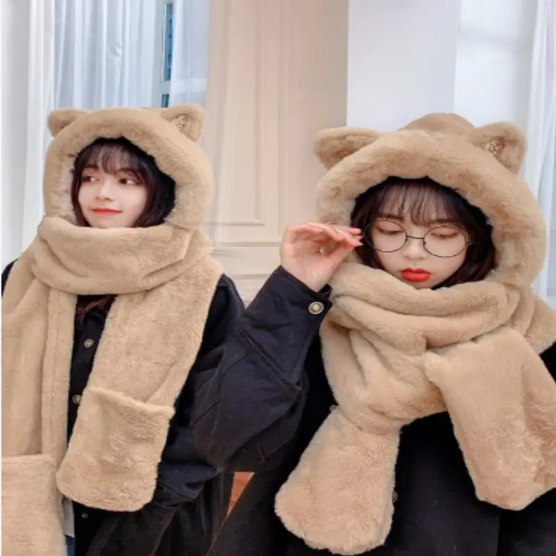 

Fashion Winter Warm Cute Bear Ear Hat Casual Plush Hat Scarf Set Women Novelty Caps Casual Solid Women Caps NEW