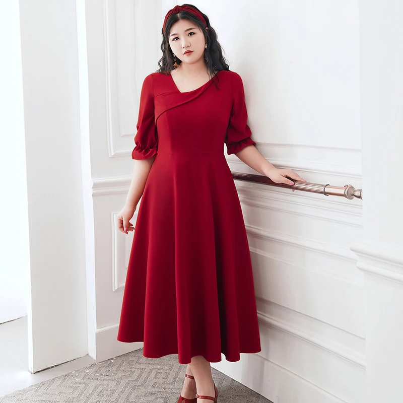 

Simple O-Neck Empire Half Sleeves Zipper Back Evening Dress Tea-Length A-Line Burgundy Pleat Plus Size Women Formal Gowns D464