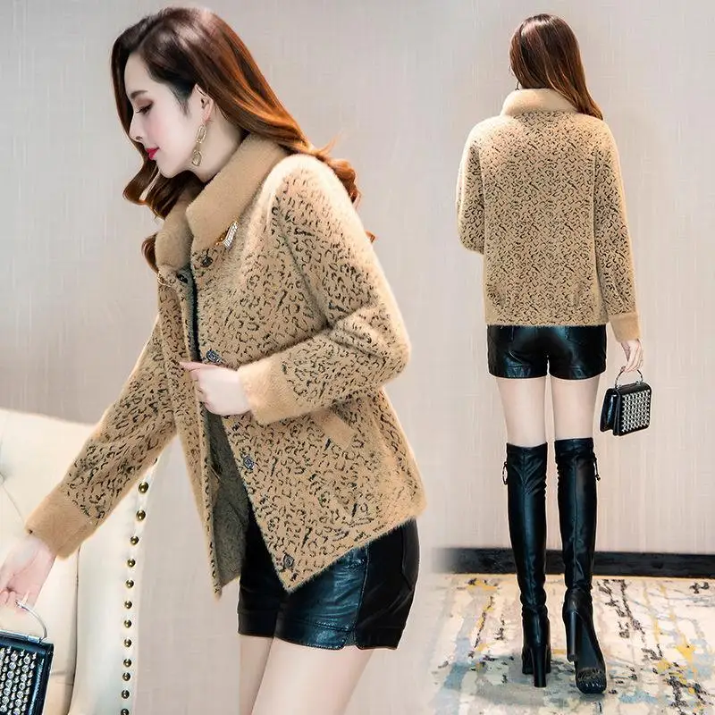 

2020 Autumn Winter New Middle Aged Women Elegant Knitted Faux Mink Fur Coat Female Casual Loose Leopard Thick Warm Outwears Z11