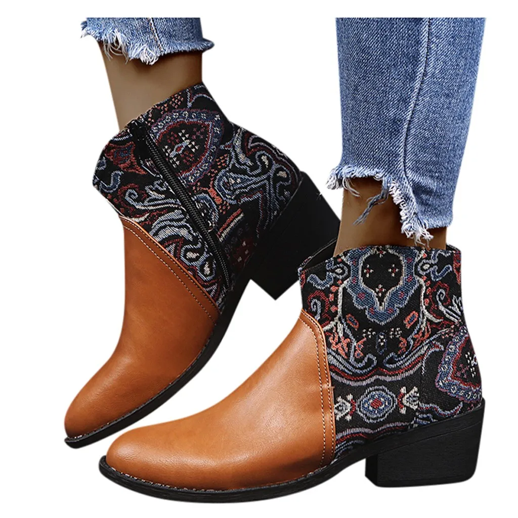 

Женские ботинки на молнии с вышивкой, повседневные зимние ботинки без застежки с круглым носком, в стиле ретро, 2020