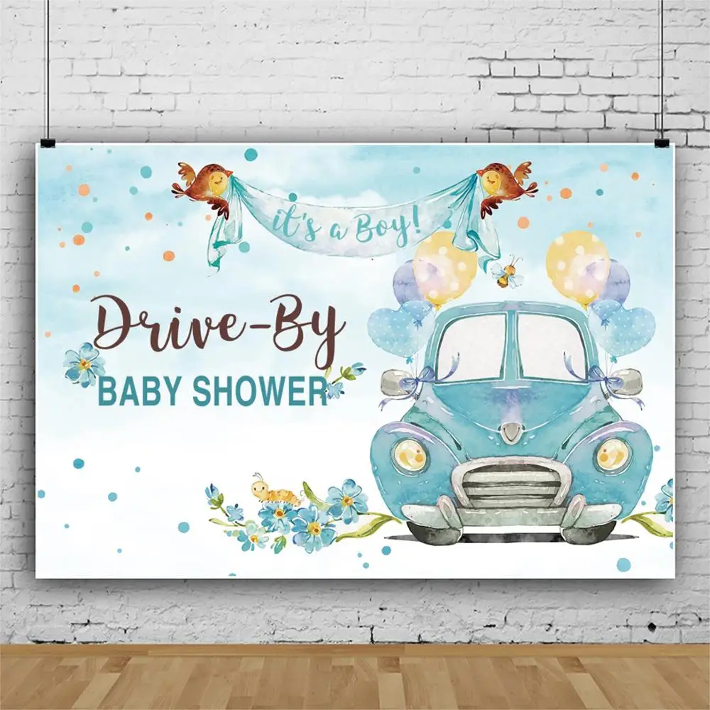 Drive-By Newborn Baby Shower Boy Car Bird Flower Balloon Custom Backdrop Vinyl Photography Backdrops Background Photophone Shoot |