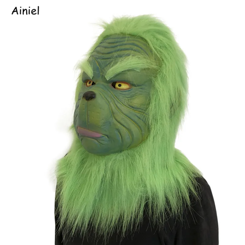 Маска Grinch, маскарадные костюмы Санта-Клауса, шлем лося, как Grinch украли, рождественские реквизиты с зелеными волосами для мужчин, детей, взрослых