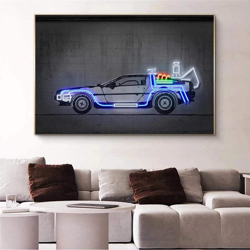 

Street Graffiti Art Vehicle Car Neon Back To The Future Canvas Painting Poster and Prints Wall Art Picture for Living Room
