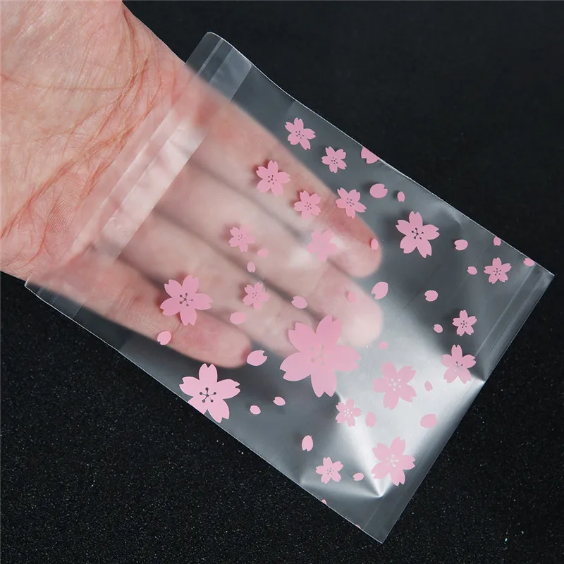 

100pcs/lot Transparent Frosted Pink Cherry Blossoms OPP Wedding Candy Bag Cookie Biscuits Cake Bag Christmas Gift Packaging Bag