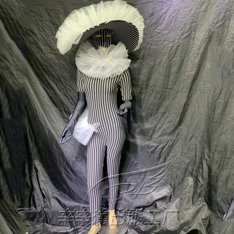 Nightclub Bar Party Female Singer Stripe Jumpsuit Hat Suit DJ DS Stage Performance Costumes Halloween Cosplay Outfits DWY2896 |