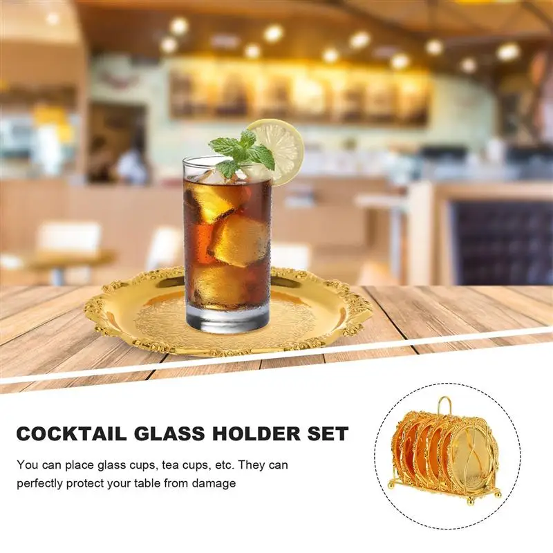 

1 Set Cup Holders Cocktail Zinc Alloy Retro Place Mats with Coasters Rack