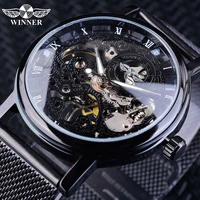 winner stainless steel mesh band transparent classic thin case hollow skeleton mens male mechanical wrist watch top brand luxury
