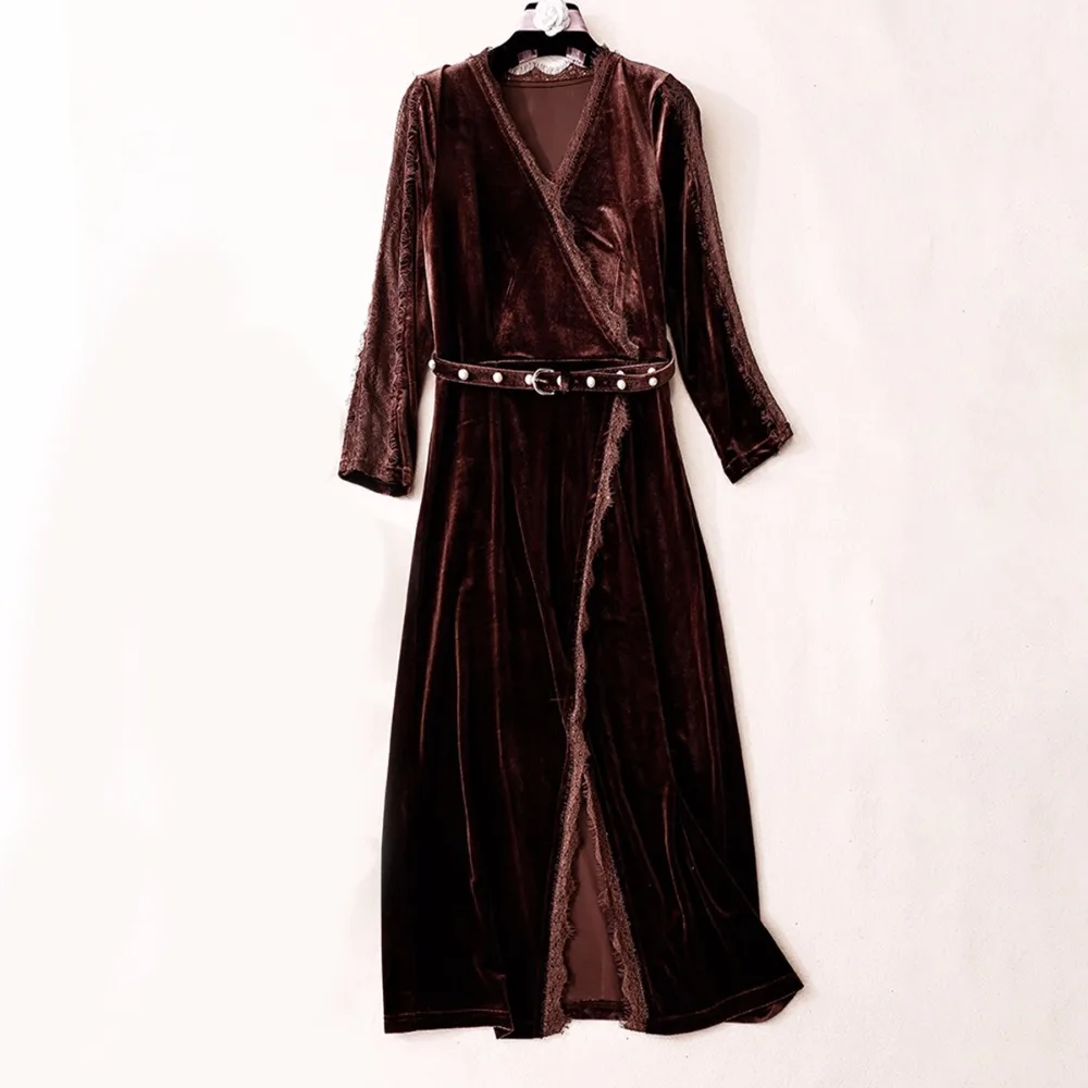 

2020 Sexy Autumn Women Long Slim Black Velvet Dress Female Elegant Lace Dresses With Belt Clothes Vestidos WYQ1033