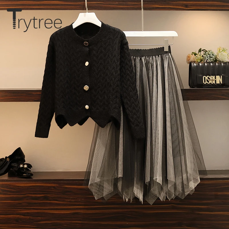 Trytree Autumn Winter Two piece set Casual O-neck Single Breasted Belt Top+ Skirt Elastic Waist Fashion Set 2 Piece Set