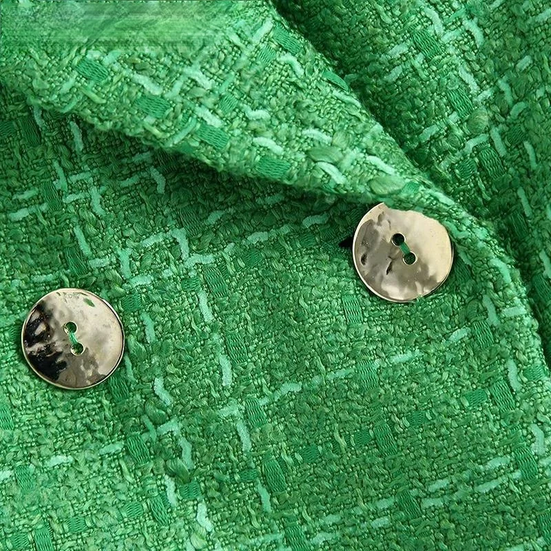 

Simple Green Plaid Tweed Suit Set Fitted Blazers Female England Style Pockets Short Pant Coats Urban Outsuits