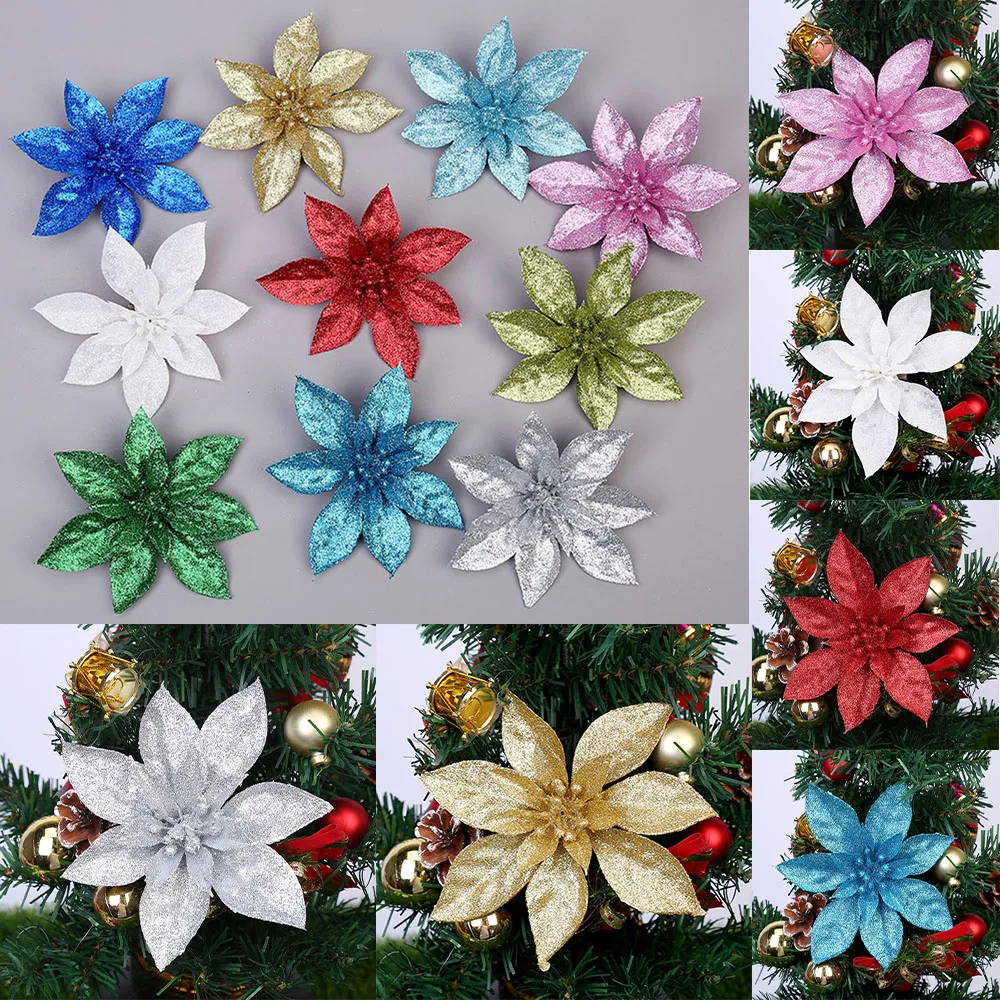 

10X Christmas 9cm Poinsettia Glitter Flower Tree Hanging Party Decoration Gold Silver Red White Pink Lake Blue Christmas Flowers