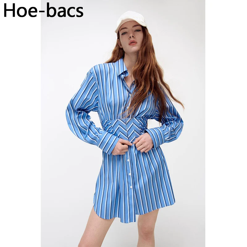 

Striped Casual Tunic Dress Print Blouses Loose Long Sleeved Lapel Short Shirt Dresses Women 2021 Clothes Female Chic Vestidos