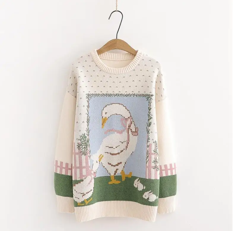 

Autumn and winter sweet cute bow duck jacquard o-neck pullover knitted sweater