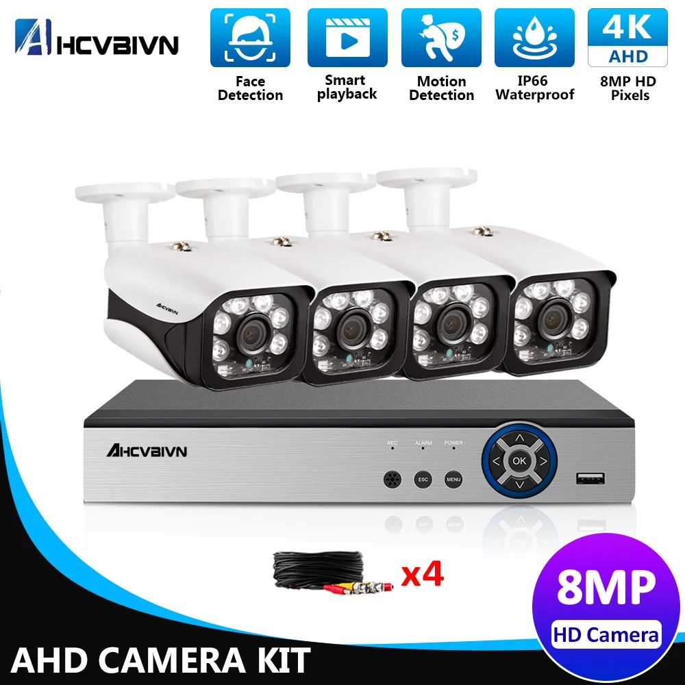 

AHCVBIVN 4CH 4K DVR CCTV System 8.0MP Security Cameras IR Night Vision outdoor IP66 Waterproof Video Surveillance kit HDD