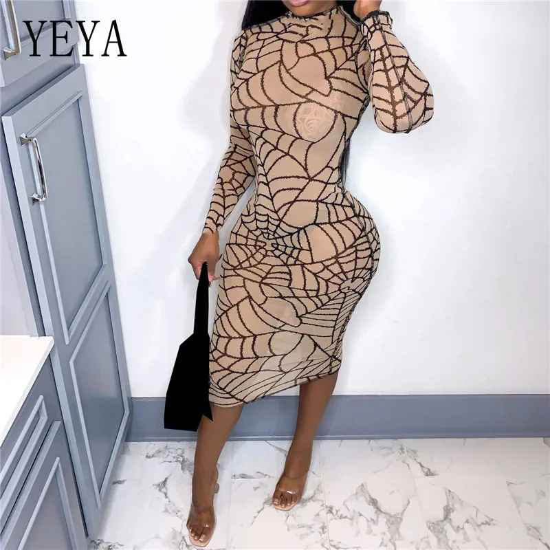 

YEYA Patchwork Mesh Dress Print Sexy See Through Package Hip Skinny Long Sleeve O Neck Nightclub Party Vintage Slim Dresses