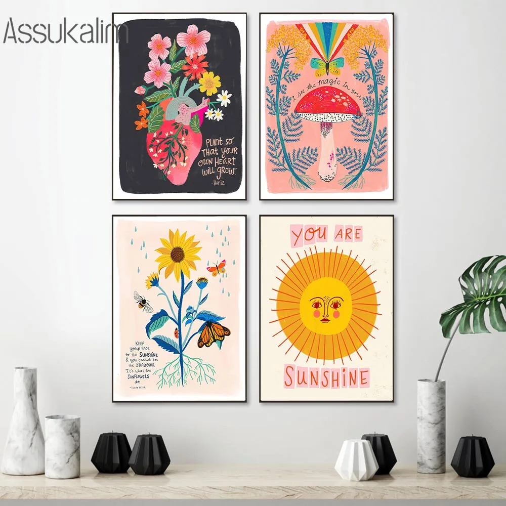 

Retro Flowers Illustration Wall Art Poster Sunflower Mushroom Canvas Painting Abstract Wall Art Picture Living Room Decoration