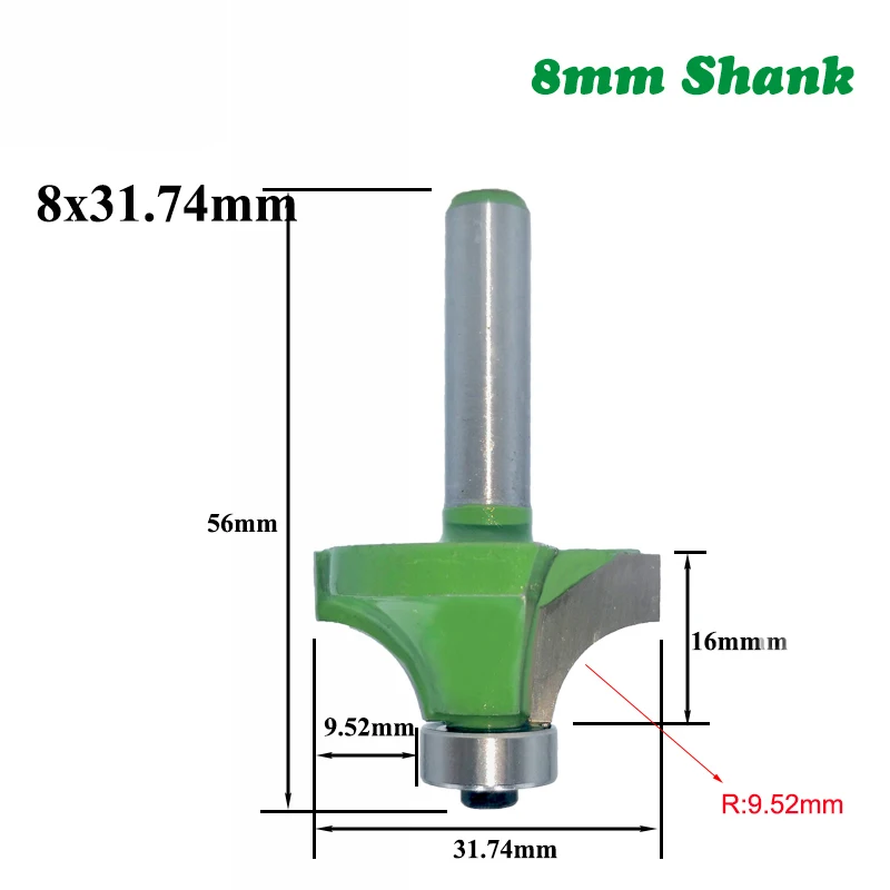 

6Pcs/set 8mm Corner Round Over Router Bit With Bearing Tungsten Steel Milling Cutter Trimming Tool For Wood Deburring Trimming