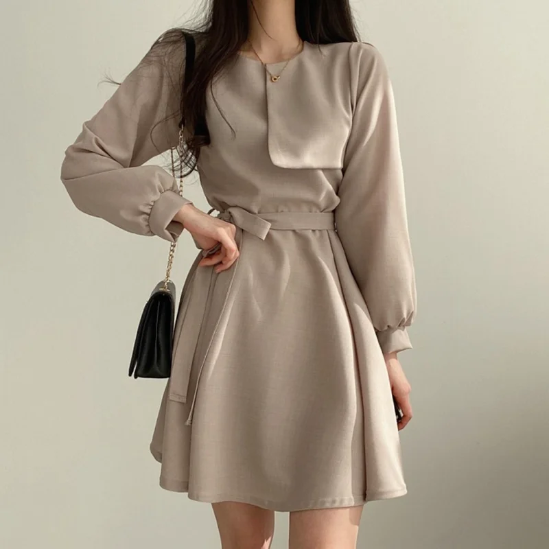 

Houthion New Women's Dress Fashion Tops Korean Draw Back Irregular Casual Dresses Long Sleeve O-neck Solid Color