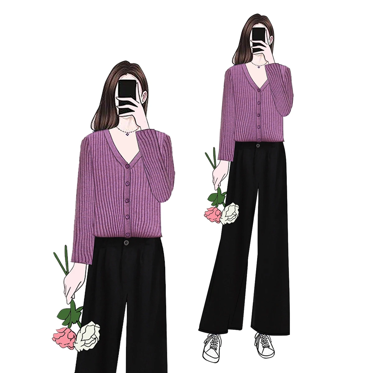 

Pure Color V-Neck Purple Pullover Sweater & Pants Of Tall Waist Suit Women 2 Pcs Clothing Set Outfit Knit Top Leisure Lady