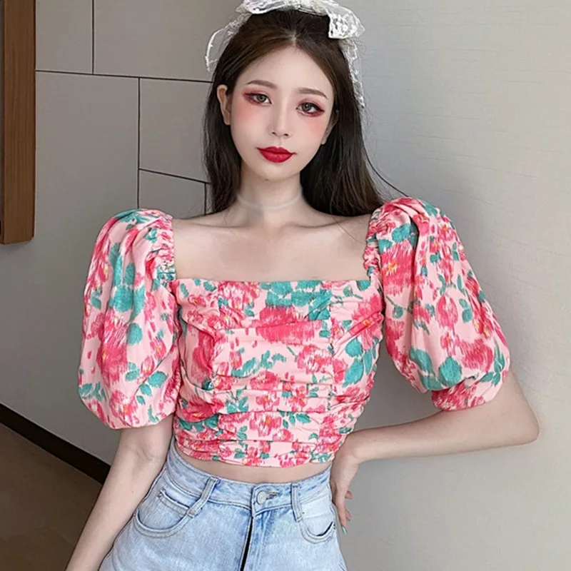 

Summer Bubble Sleeve Floral Printed Blouses Women Short Shirt Square Collar Sleeve Fashion Sweet Blouses
