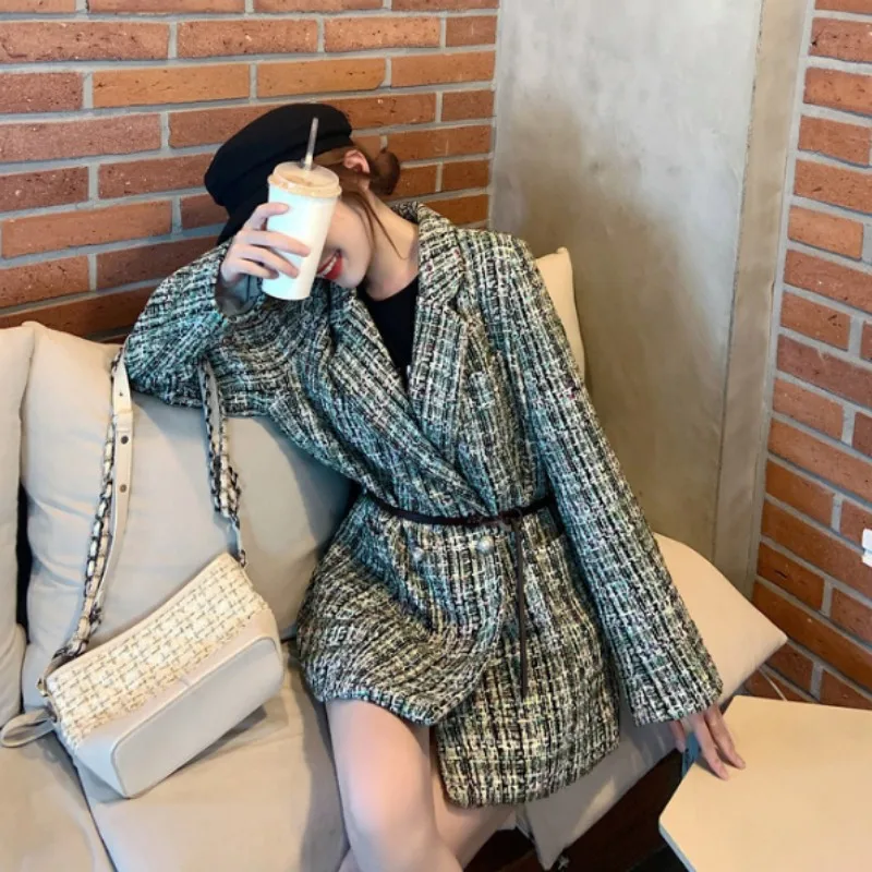 

England Style Tweed Blazer Office Lady Lapel Double-Breasted Pearl Metal Buttons Women Spring Vintage Mid-Length Suit Jackets