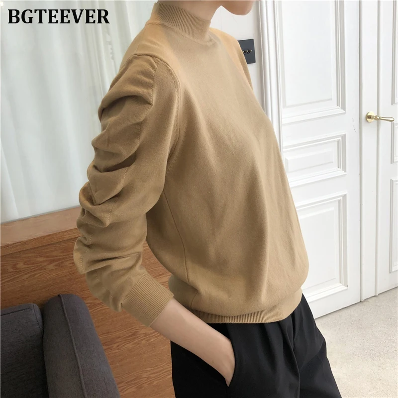 Chic Half-turtleneck Women Sweater Fashion Pleated Sleeve Female Knitting Tops 2019 Autumn Winter Jumpers femme | Женская одежда