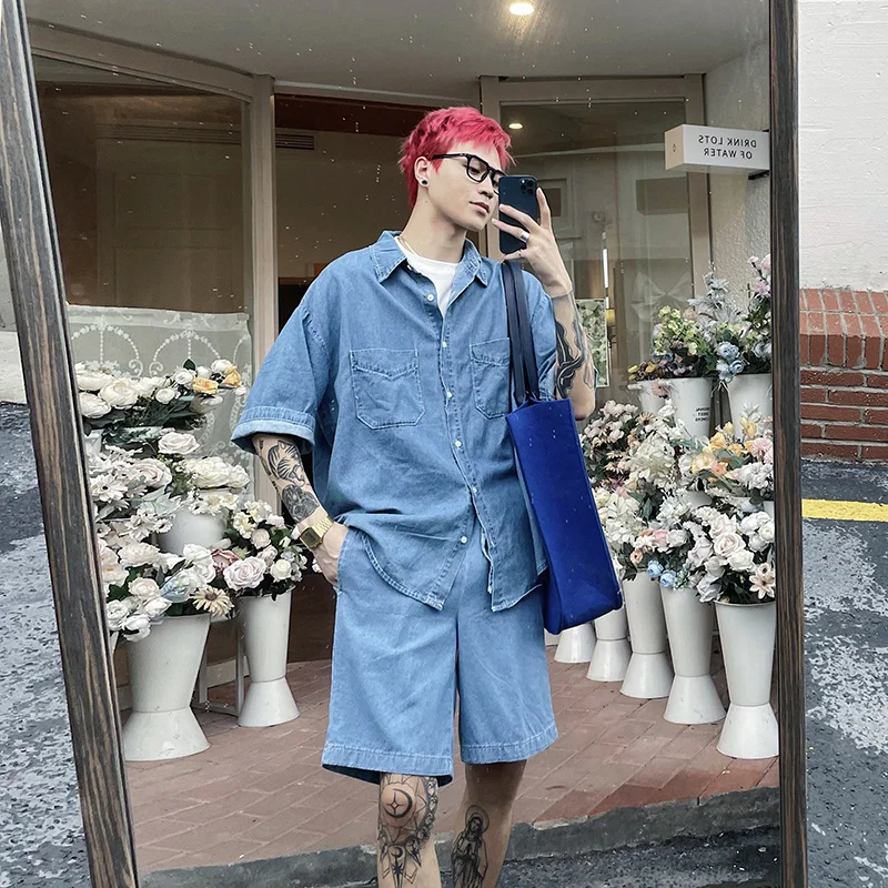 Джинсовые комплекты в Корейском стиле рубашка-карго шорты стиль хип-хоп комплект