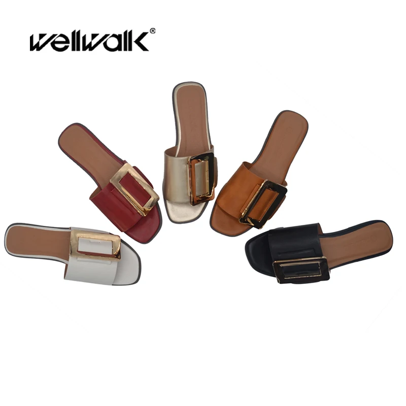 Тапочки с металлической пряжкой Женская обувь на плоской подошве Женские летние