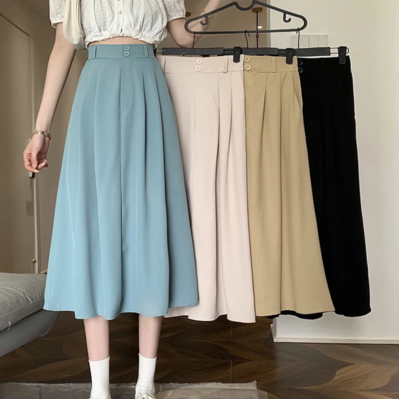 

Юбка женская летняя, однотонная, с завышенной талией, на пуговицах, свободная, трапециевидная, цвета хаки, 2021