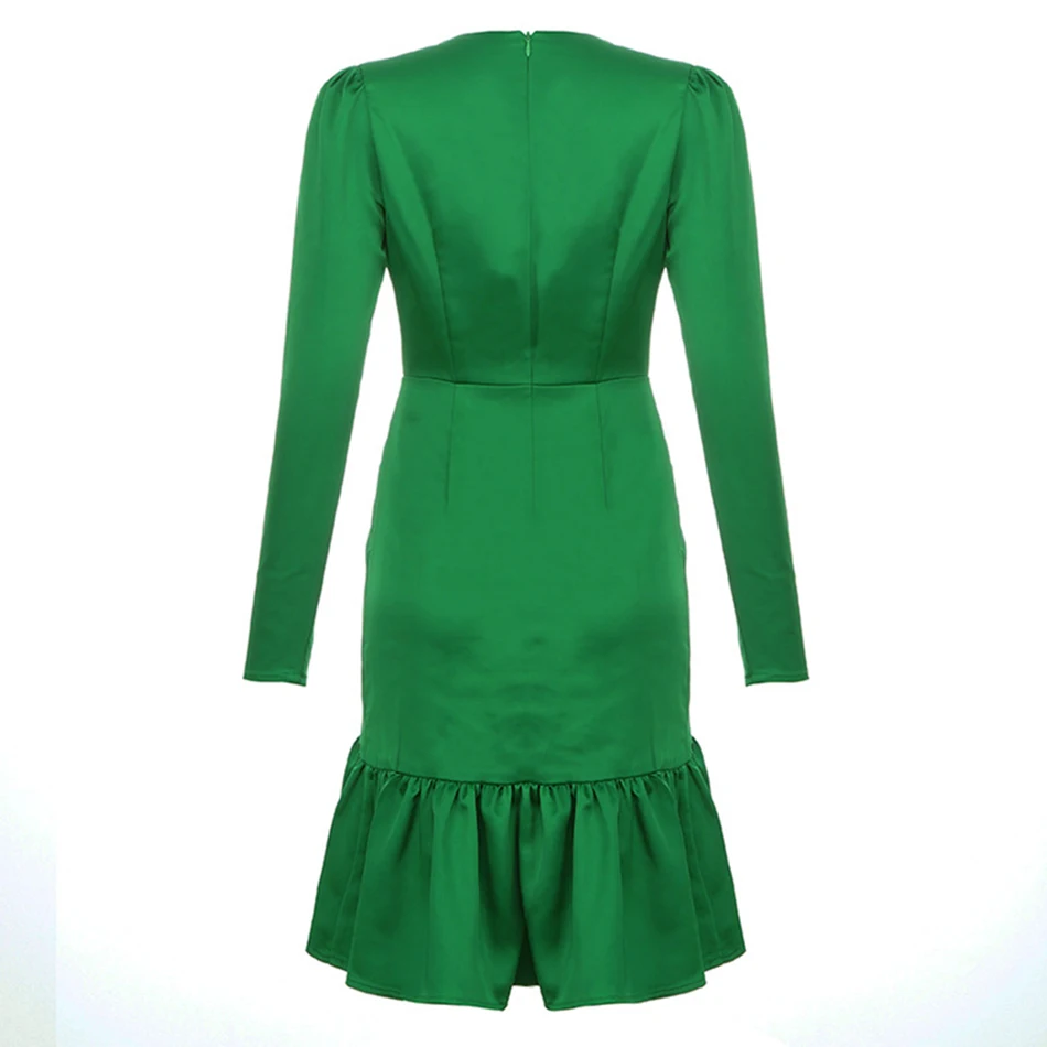 2019 зимнее Трендовое женское зеленое платье с рюшами дизайн длинным рукавом