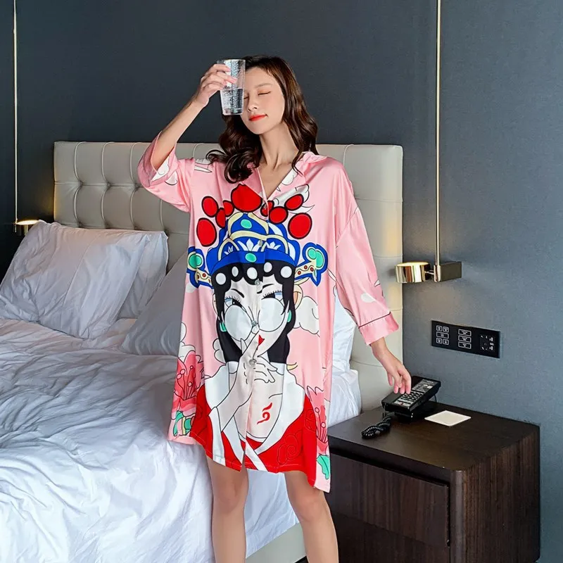 

Women Sleep Shirt Satin Chinese Style Nightdress Print Nightgown Night Shirt Casual Sleepdress Soft Home Clothes Nightshirt
