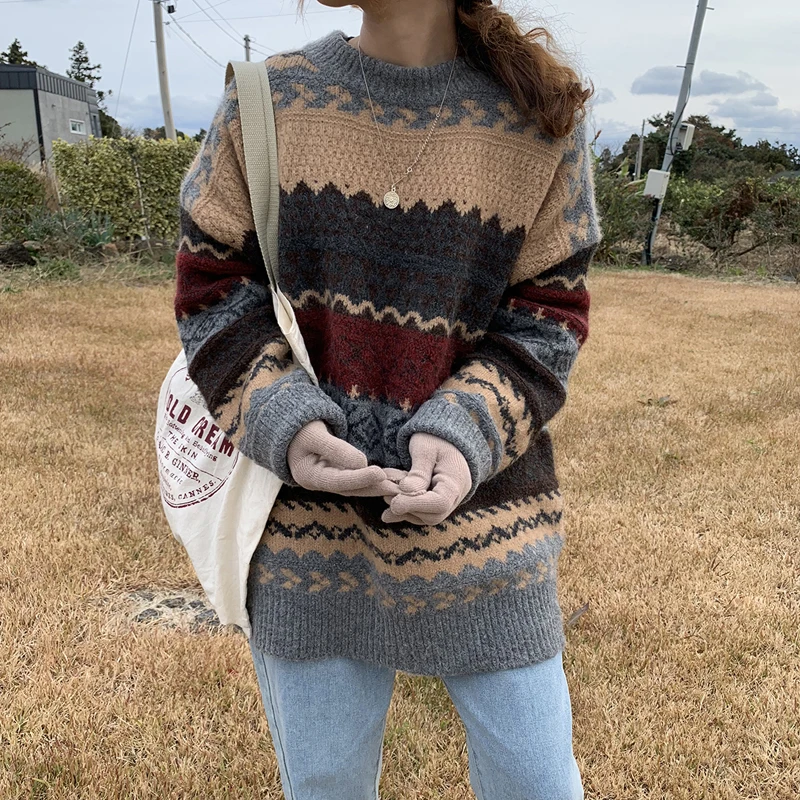 

Loose Casual Office Lady Soft Korean Pullovers Women Sweater Fashion Retro Printing O-Neck Knitwear Patchwork